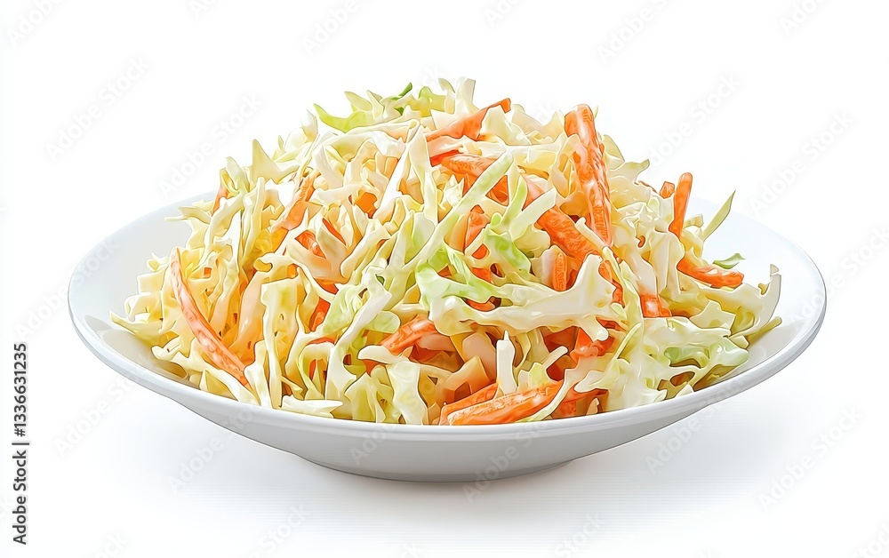 Tangy coleslaw salad with shredded cabbage, carrots, and a light dressing, isolated on a crisp white background Tangy coleslaw salad with shredded cabbage, carrots, and a light dressing, isolated on a crisp white background