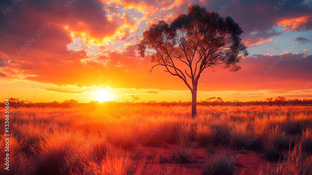 Obraz premium Photography of the vast Australian Outback, showcasing the vibrant red sands and rugged terrain, with a lone eucalyptus tree standing against a brilliant orange sunset sky.