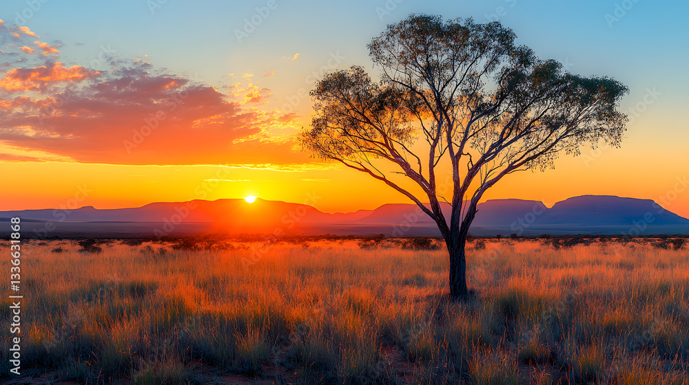 Obraz premium Photography of the vast Australian Outback, showcasing the vibrant red sands and rugged terrain, with a lone eucalyptus tree standing against a brilliant orange sunset sky.