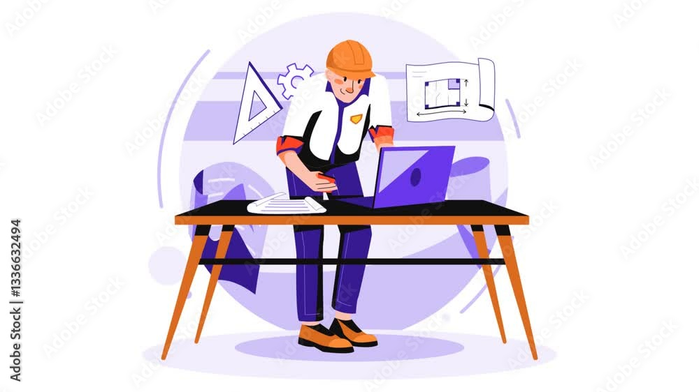 Creative Architect Working on Blueprint Designs Using a Laptop at the Office Desk Creative Architect Working on Blueprint Designs Using a Laptop at the Office Desk