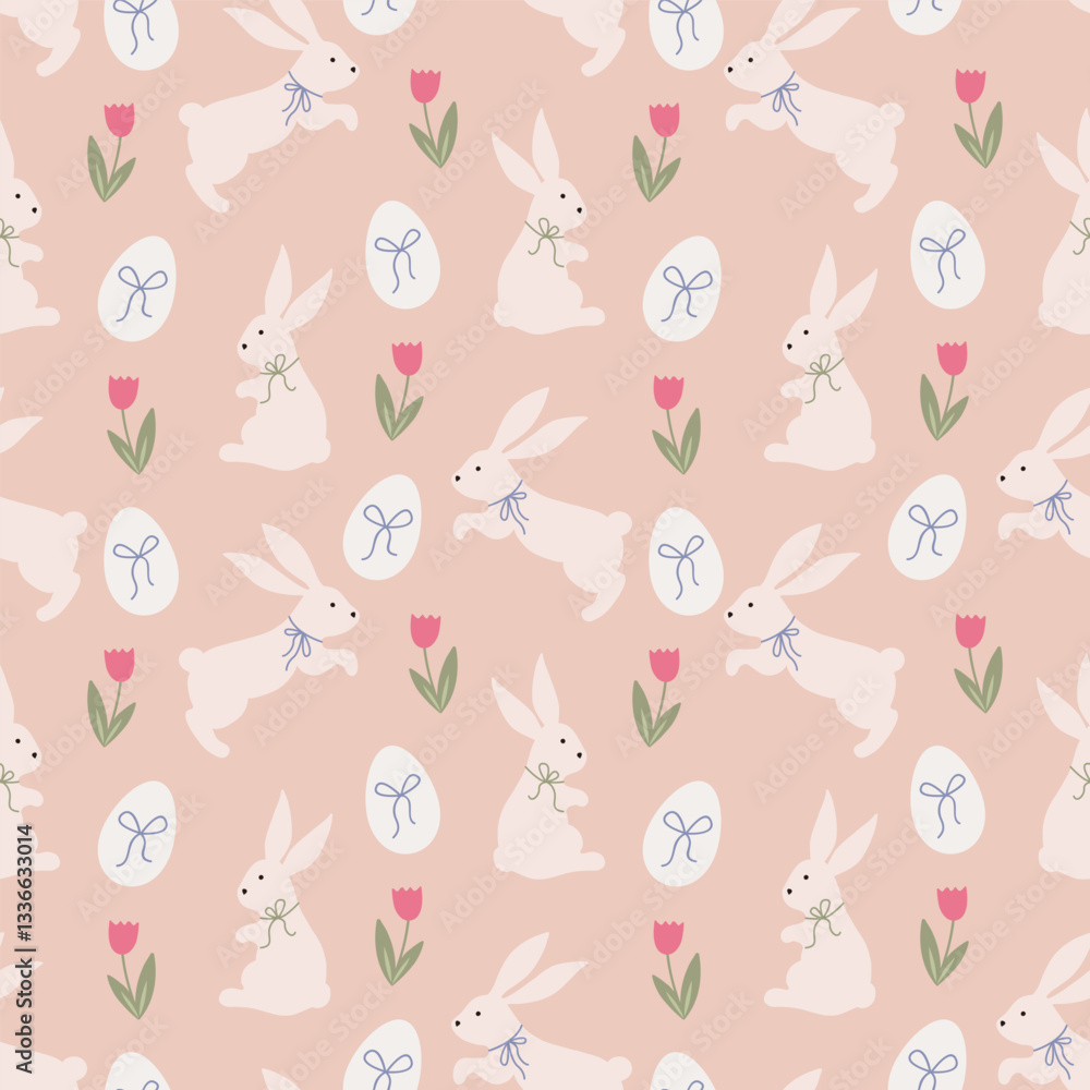 Easter seamless pattern with rabbits, eggs, tulip flowers and bow knots. Modern retro cute background. Fabric textile print. Surface cover design. Easter seamless pattern with rabbits, eggs, tulip flowers and bow knots. Modern retro cute background. Fabric textile print. Surface cover design.