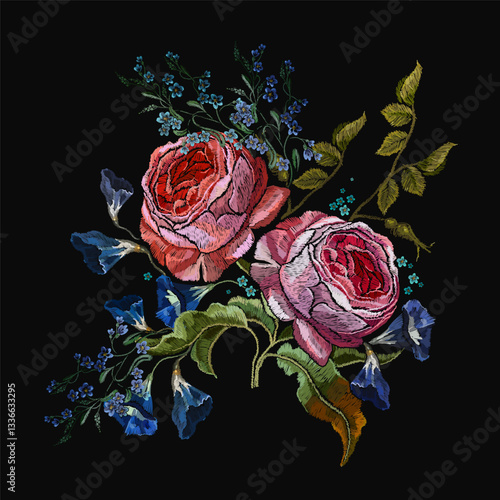 Embroidery wild pink roses and white flowers. Fashionable template for clothes. Summer and spring garden floral art