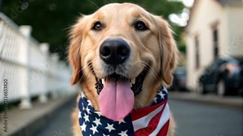 Cheerful golden retriever in American flag bandana celebrates Memorial Day with joyful spirit and friendly expression.
