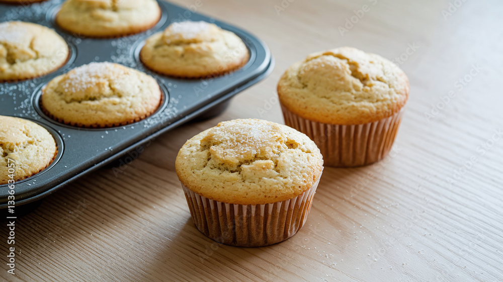 A close-up shot of plain vanilla muffins with a golden-brown crust, placed on a table. Soft texture, homemade bakery style, warm and inviting with natural light. A close-up shot of plain vanilla muffins with a golden-brown crust, placed on a table. Soft texture, homemade bakery style, warm and inviting with natural light.