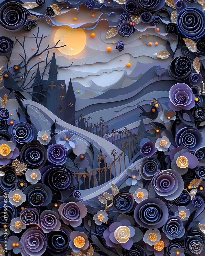 Obraz premium A stunning artwork featuring intricate paper crafting, combining beautiful flowers and dark landscapes under a mystical moonlight. Perfect for evoking emotions and storytelling.