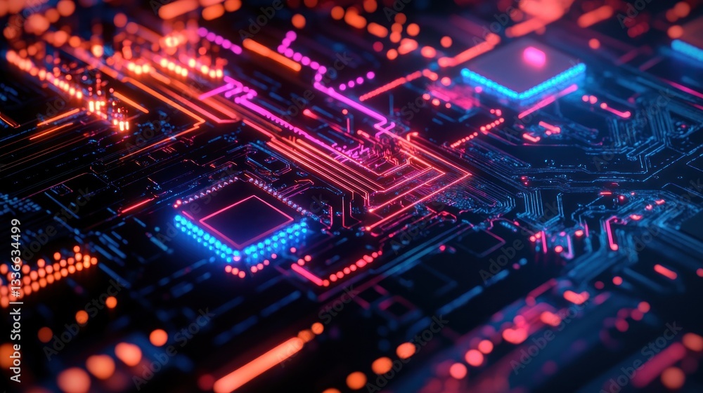 Vibrant close-up of a futuristic circuit board with glowing elements Vibrant close-up of a futuristic circuit board with glowing elements