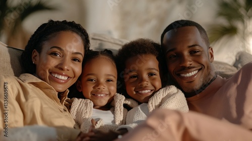 Happy family enjoying time together, diverse family with cheerful expressions, cozy atmosphere, connection and warmth.