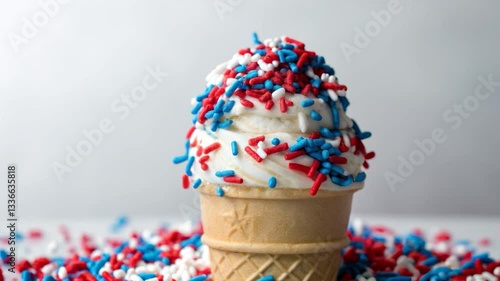 Delicious ice cream cone with festive sprinkles, perfect dessert for joyful celebration on Memorial Day.