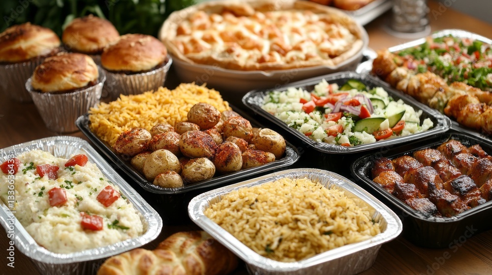 A vibrant collection of take out dishes arranged creatively on a table, featuring comforting staples like rice, roasted potatoes, fresh salads, and savory meats A vibrant collection of take out dishes arranged creatively on a table, featuring comforting staples like rice, roasted potatoes, fresh salads, and savory meats