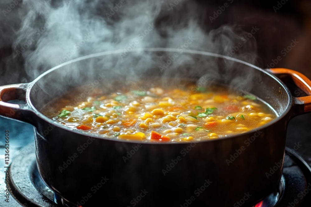 Simmering soup in a pot on a stovetop releasing aromatic steam Generative AI Simmering soup in a pot on a stovetop releasing aromatic steam Generative AI