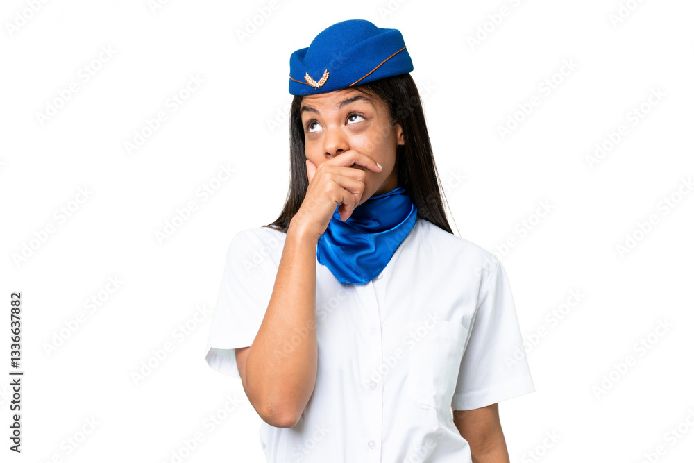 Airplane stewardess African american woman over isolated background having doubts and with confuse face expression Airplane stewardess African american woman over isolated background having doubts and with confuse face expression