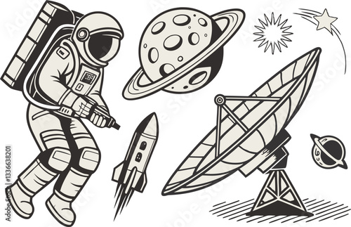 classic comic-style space exploration print with astronaut and planets
