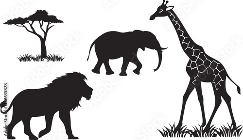 african safari animals silhouettes with elephant lion giraffe and acacia tree
