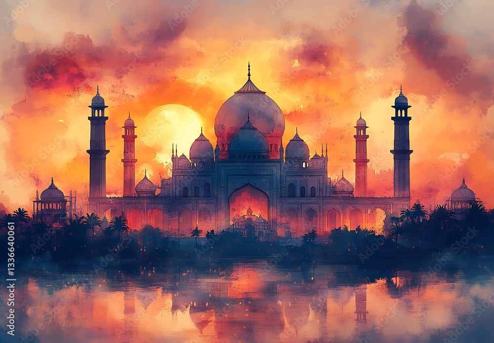 Fototapeta premium Majestic Indian Palace Sunset Water Reflection Scenic View Sky Red Art Dusk Calm Grand Mosque Temple