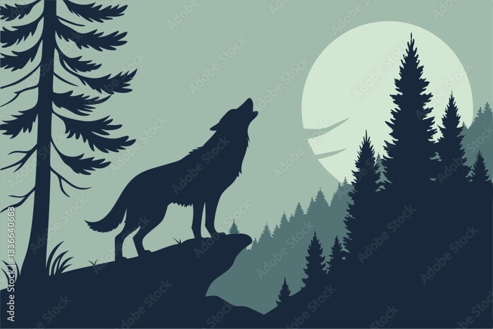 lone wolf silhouette against full moon with trees vector illustration
lone wolf silhouette against full moon with trees vector illustration