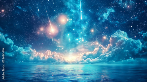 星屑のオーロラ：水面に映る幻想的な流星群と天空の輝き