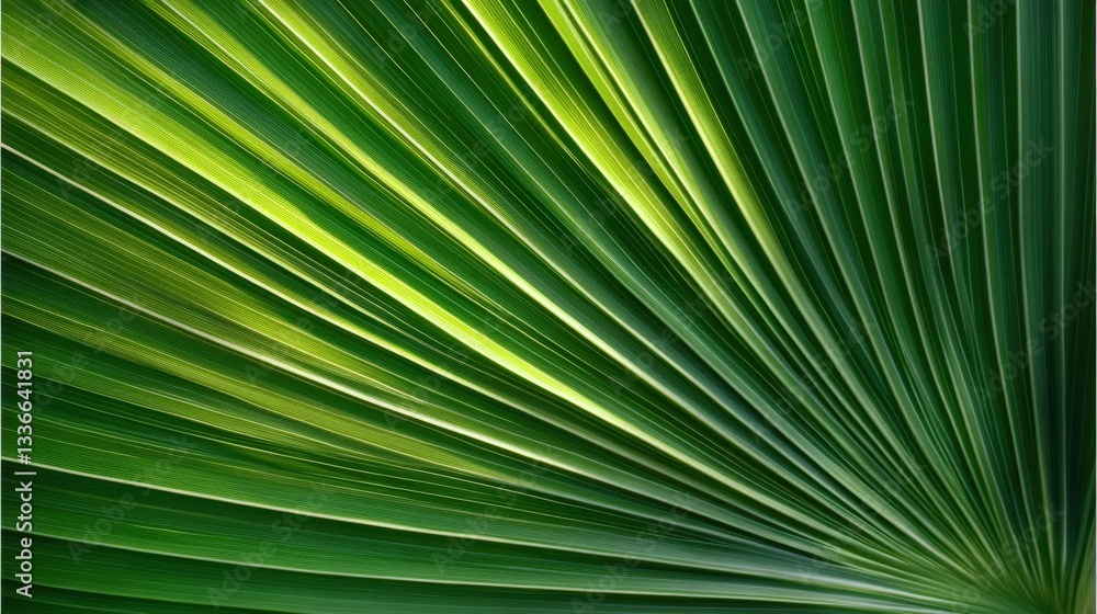 A vibrant green palm leaf displaying intricate lines, showcasing nature's beauty and texture in a close-up view.