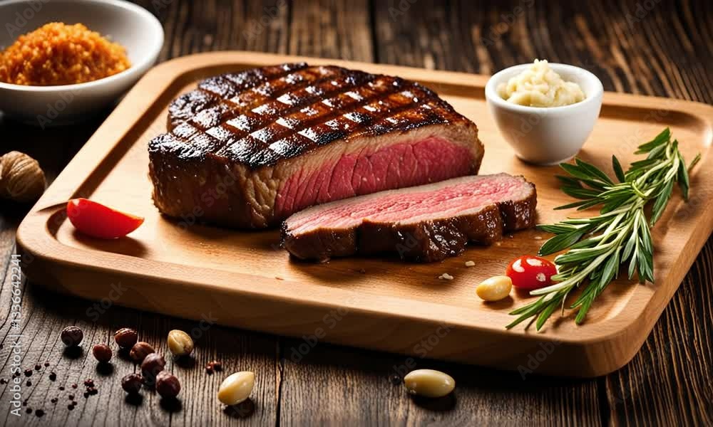 Flavorful Grilled Steak Topped with Rosemary in a Tempting Foreground View
