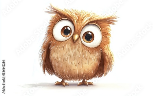 Painted drawing illustration of a smiling owl with fluffy feathers and big eyes. On white background. Kids book style