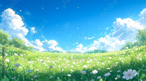 白い雲と花々の清らかな春の草原