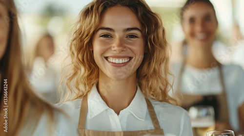 Cheerful barista team, young women smiling with coffee cups in modern café, vibrant atmosphere, ideal for promoting coffee culture.