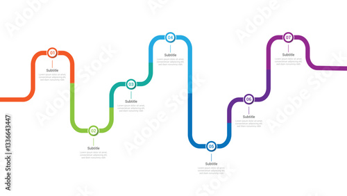 Infographic roadmap design template. Business Timeline of 7 Important Business Events annual business presentation. Vector illustration