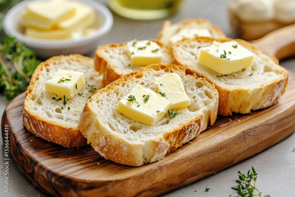 Deliciously buttered bread slices on a rustic wooden serving board Generative AI Deliciously buttered bread slices on a rustic wooden serving board Generative AI