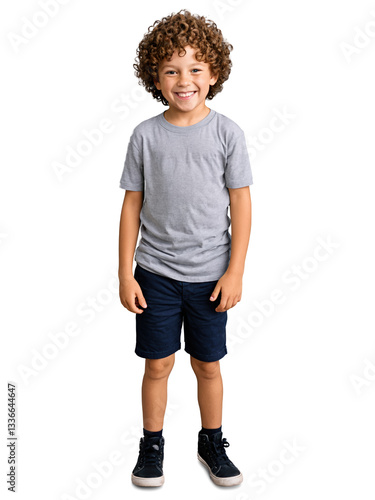 A cute 8-year-old boy with curly hair, dimples, and a joyful expression, isolated with transparency