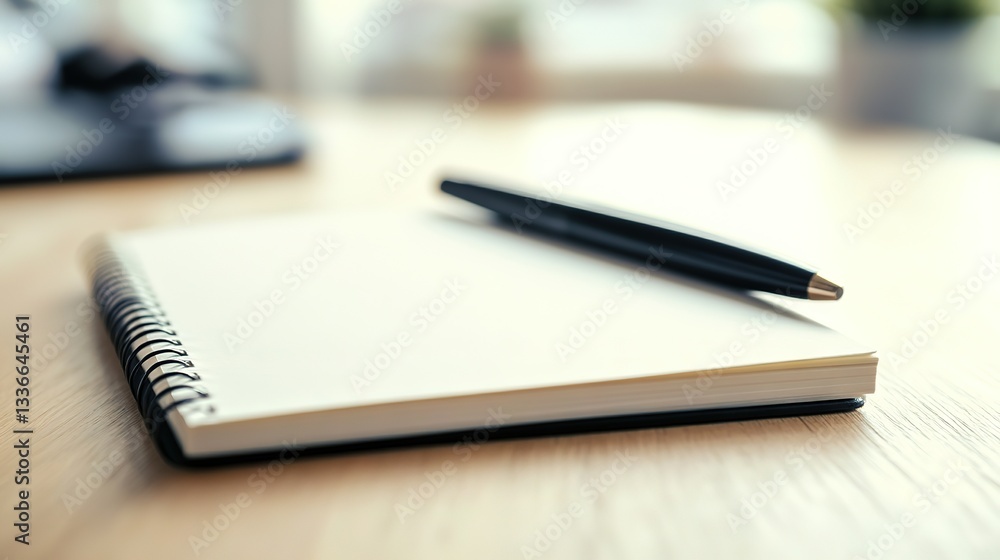 Black Pen on White Notebook, Flat on Oak Table, Light Wood Background, Natural Lighting Highlighting Paper Texture, Simple Composition Emphasizing Design Simplicity and Writing Tool Elegance, Black Pen on White Notebook, Flat on Oak Table, Light Wood Background, Natural Lighting Highlighting Paper Texture, Simple Composition Emphasizing Design Simplicity and Writing Tool Elegance,