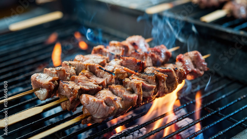 Wallpaper Mural A close-up shot of juicy, perfectly grilled meat skewers sizzling on a charcoal barbecue with mild flames and smoke, creating a mouthwatering, smoky, and delicious BBQ scene.  Torontodigital.ca