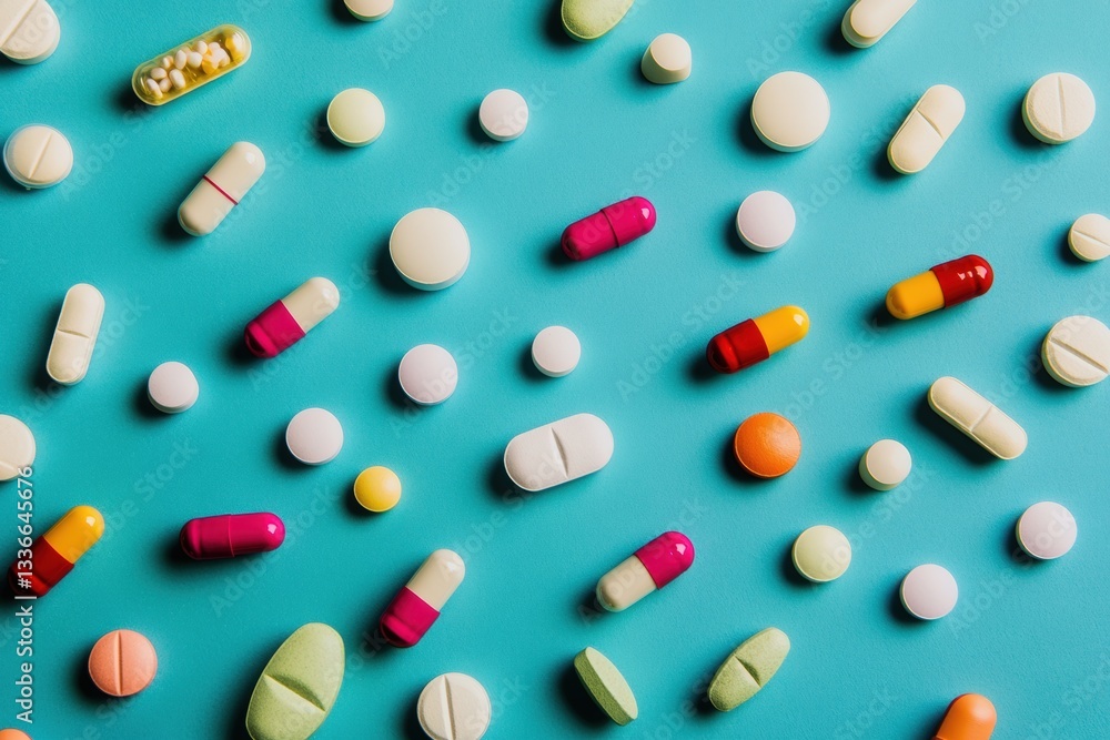various shape of painkillers scattered on a turquoise table various shape of painkillers scattered on a turquoise table