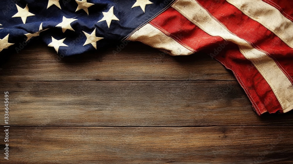 Obraz premium A vintage American flag drapes over a wooden surface, creating a patriotic and rustic atmosphere.