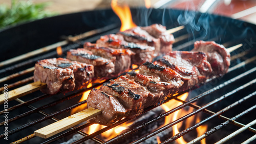 Wallpaper Mural A close-up shot of juicy, perfectly grilled meat skewers sizzling on a charcoal barbecue with mild flames and smoke, creating a mouthwatering, smoky, and delicious BBQ scene.  Torontodigital.ca