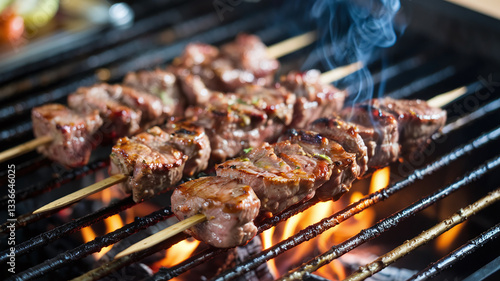 Wallpaper Mural A close-up shot of juicy, perfectly grilled meat skewers sizzling on a charcoal barbecue with mild flames and smoke, creating a mouthwatering, smoky, and delicious BBQ scene.  Torontodigital.ca