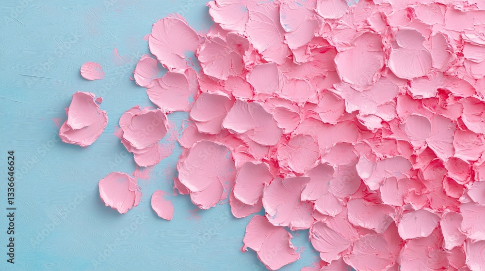 Fototapeta premium Delicate pink petals scattered on a blue background, vibrant floral decor, perfect for spring-themed designs and celebrations.