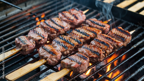 Wallpaper Mural A close-up shot of juicy, perfectly grilled meat skewers sizzling on a charcoal barbecue with mild flames and smoke, creating a mouthwatering, smoky, and delicious BBQ scene.  Torontodigital.ca