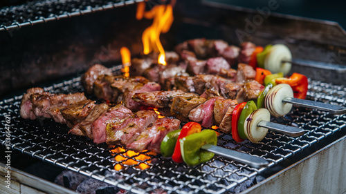 A close-up shot of juicy, perfectly grilled meat skewers sizzling on a charcoal barbecue with mild flames and smoke, creating a mouthwatering, smoky, and delicious BBQ scene. 