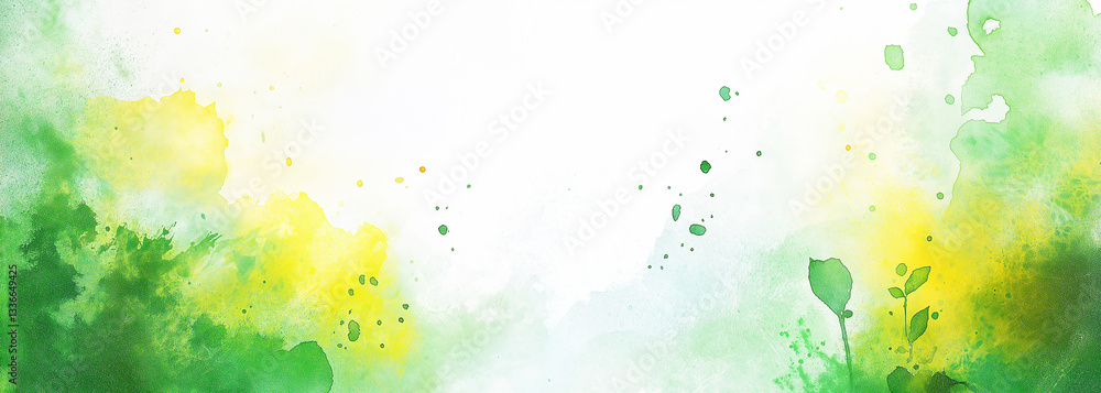 Fototapeta premium Watercolor green and yellow spring background with white space in the middle for text, digital art.