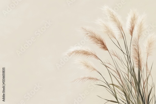 Tall pampas grass plumes on neutral background, copy space available. Use as subtle texture or as a soft, natural backdrop.