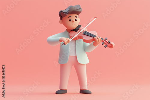 3D illustration of a young man playing the violin with a focused expression under soft pastel lighting. A charming musical performance scene symbolizing elegance, creativity.