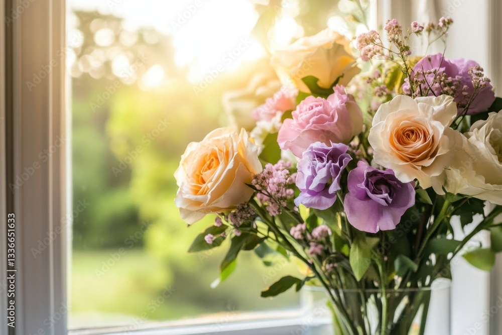 Obraz premium Vibrant Floral Bouquet by Sunny Window: Roses and Blossoms in Daylight.