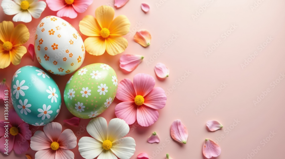Vibrant 3D-patterned Easter eggs surrounded by delicate flower petals on a gentle pastel backdrop. A perfect spring-themed image capturing the essence of Easter celebrations and renewal. Vibrant 3D-patterned Easter eggs surrounded by delicate flower petals on a gentle pastel backdrop. A perfect spring-themed image capturing the essence of Easter celebrations and renewal.