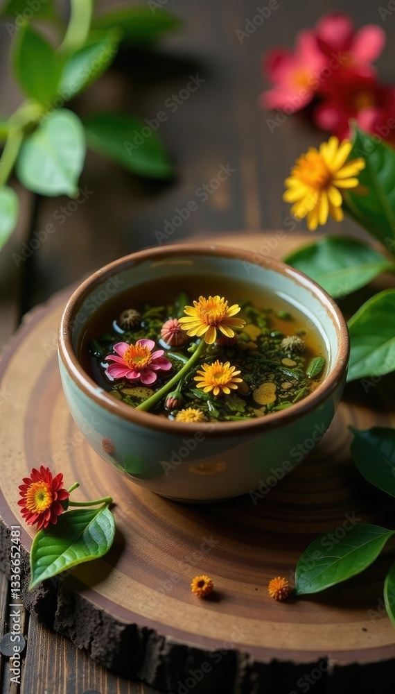 Dried cistus leaf tea infusion in a small ceramic container, natural, flowers, dry Dried cistus leaf tea infusion in a small ceramic container, natural, flowers, dry