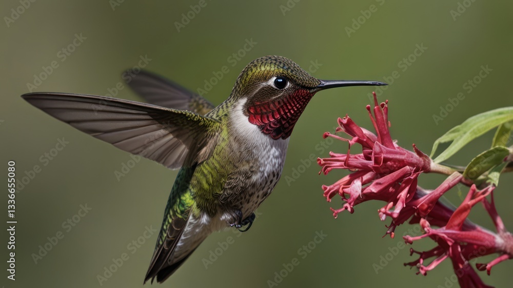 Fototapeta premium Hummingbird in flight near vibrant flower