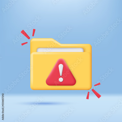 3D document file with red attention icon. Data breach, Malware, Cyber Attack, Hacking, and Security protection Concept. 3D signal vector icon render illustration.