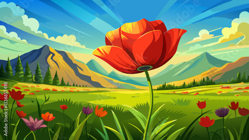 open bud of red poppy flower in the field. wonderful sunny afternoon weather of mountainous countryside. blurred background