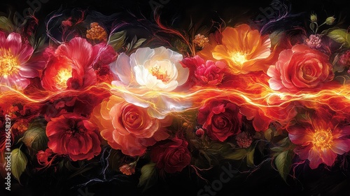 Fototapeta Naklejka Na Ścianę i Meble -  Fiery floral banner, roses and peonies ablaze, dark background, website header