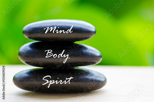 Canvas Print Close up of black Zen stones with Mind Body and Spirit text on the stones