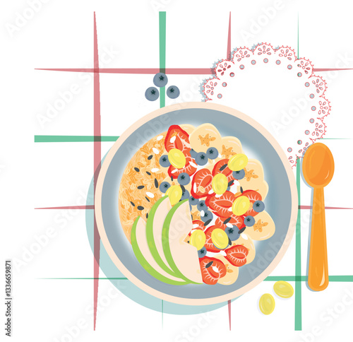  Oatmeal with banana, apple, strawberry, grapes and blueberry in a bowl. Top view, flat lay. Vector illustration.Healthy breakfast with oatmeal and fruits on a plate with a spoon and napkins.