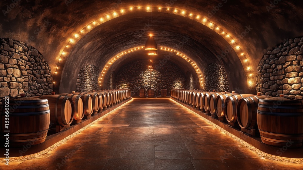 Obraz premium Wine cellar with wooden barrels and warm lighting creating an elegant atmosphere